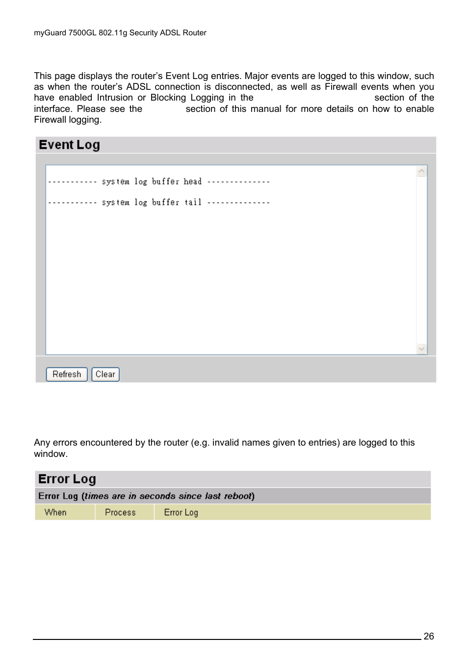 Event log, Error logging, Event log error logging | Billion Electric Company MYGUARD 7500GL User Manual | Page 32 / 147