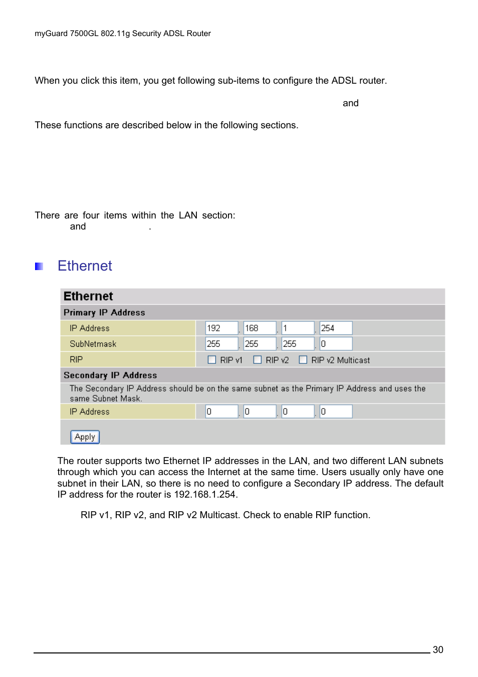 Configuration, Lan (local area network), Ethernet | Onfiguration | Billion Electric Company MYGUARD 7500GL User Manual | Page 36 / 147