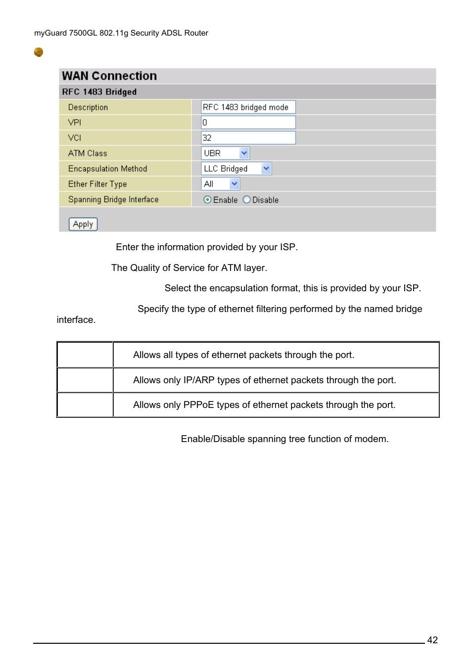 Rfc 1483 bridged connections | Billion Electric Company MYGUARD 7500GL User Manual | Page 48 / 147