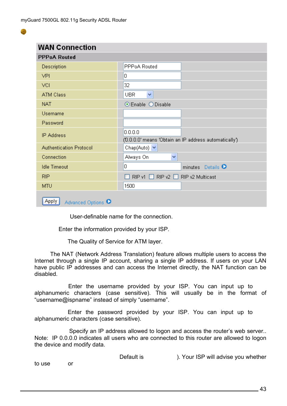 Pppoa routed connections | Billion Electric Company MYGUARD 7500GL User Manual | Page 49 / 147