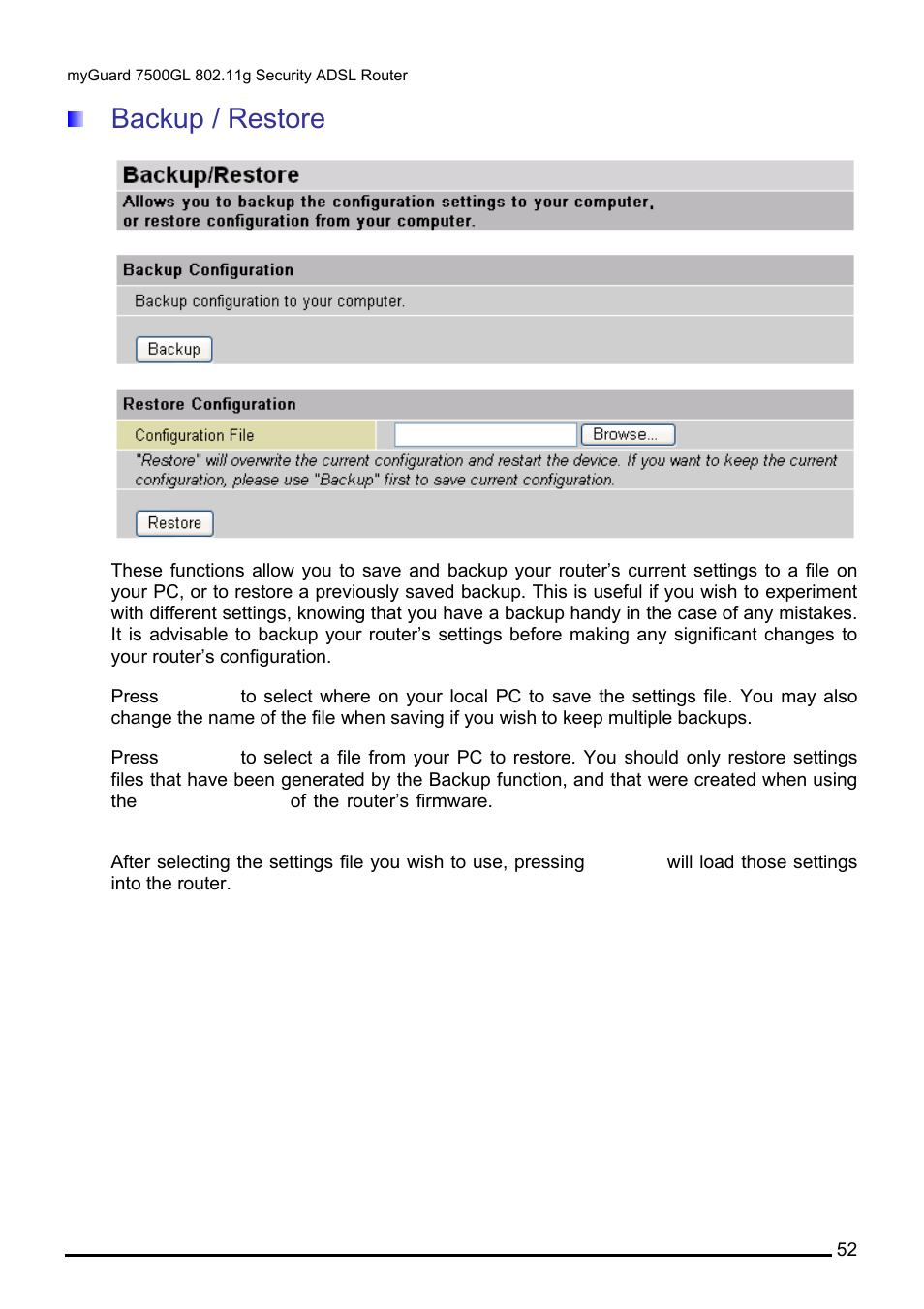 Backup / restore | Billion Electric Company MYGUARD 7500GL User Manual | Page 58 / 147