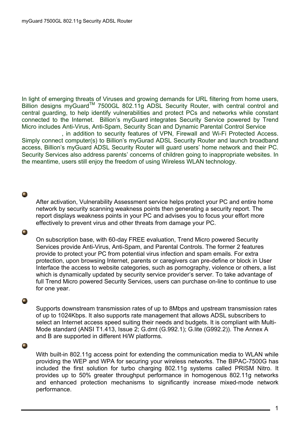 Introduction to your myguard 7500gl, Features, Ntroduction to your my | Uard, 7500gl, Eatures, Chapter 1: introduction | Billion Electric Company MYGUARD 7500GL User Manual | Page 7 / 147