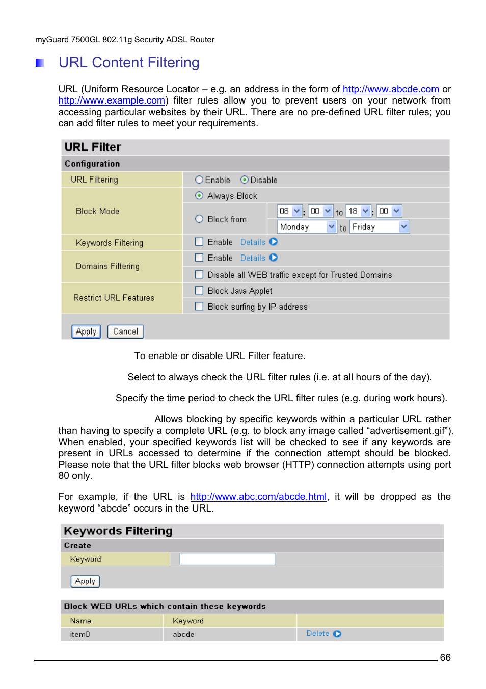 Url content filtering | Billion Electric Company MYGUARD 7500GL User Manual | Page 72 / 147