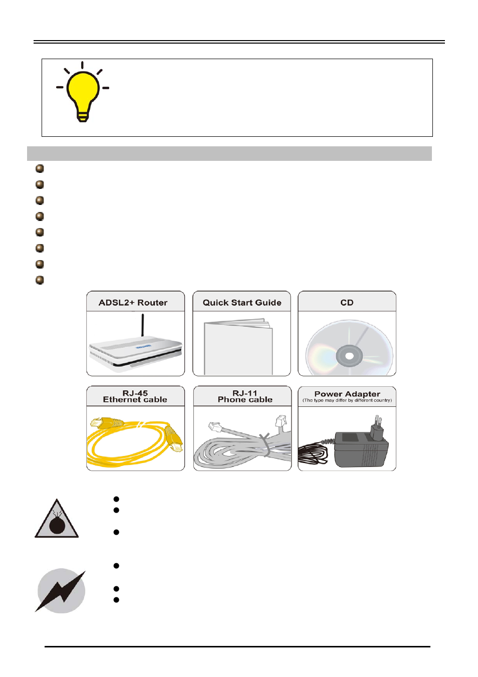Package contents | Billion Electric Company BiPAC 7300(G) RA User Manual | Page 3 / 9