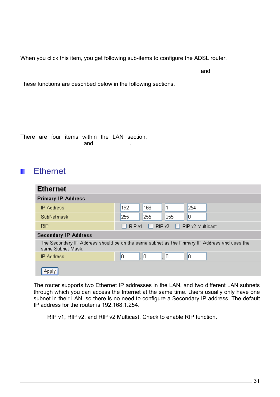 Configuration, Lan (local area network), Ethernet | Onfiguration | Billion Electric Company 7560G User Manual | Page 37 / 130