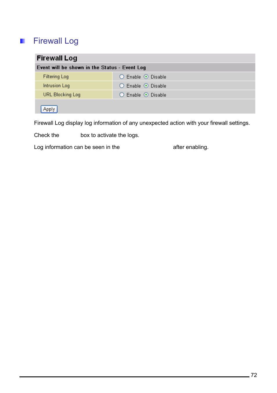 Firewall log | Billion Electric Company 7560G User Manual | Page 78 / 130