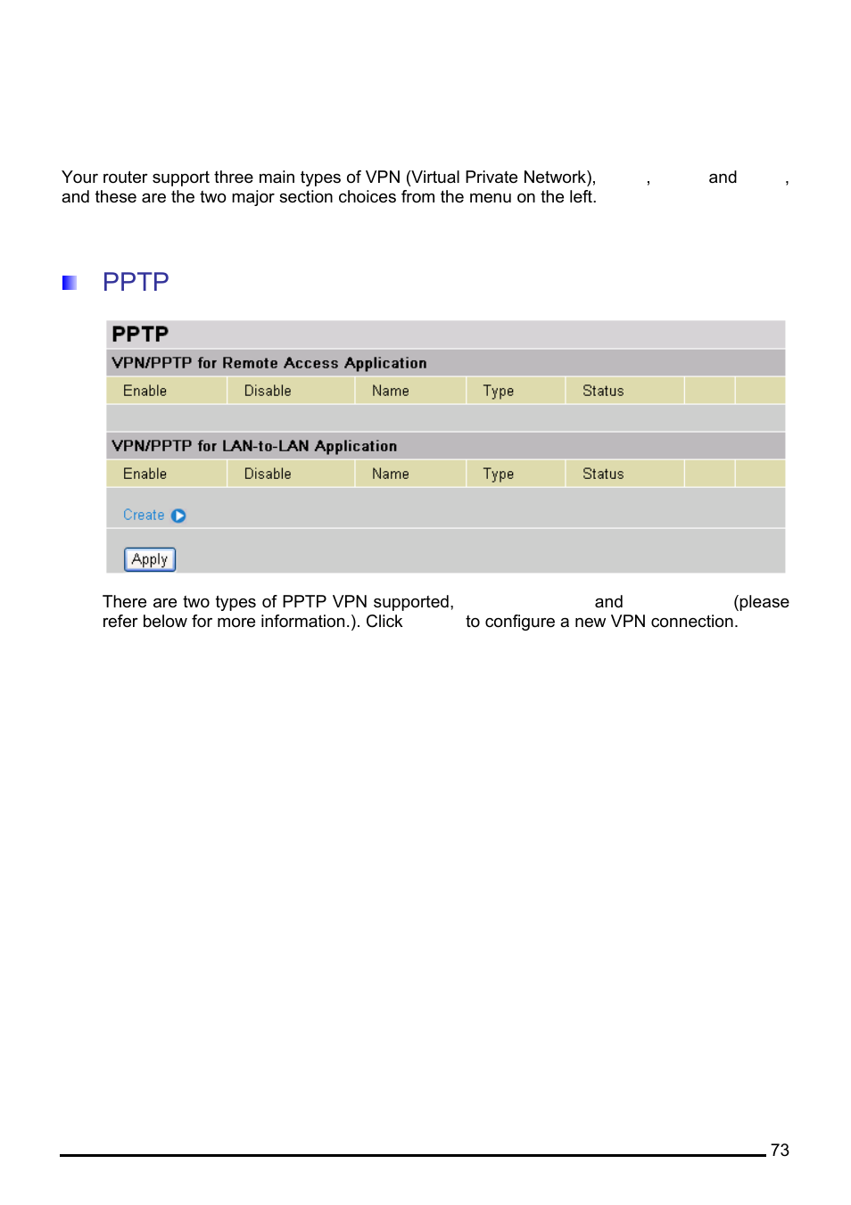 Vpn (virtual private networks), Pptp | Billion Electric Company 7560G User Manual | Page 79 / 130