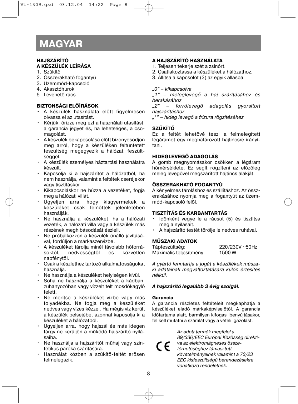 Magyar | Vitek VT-1309 User Manual | Page 10 / 16