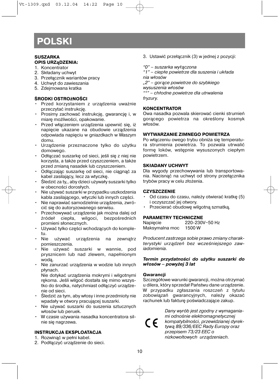 Polski | Vitek VT-1309 User Manual | Page 12 / 16