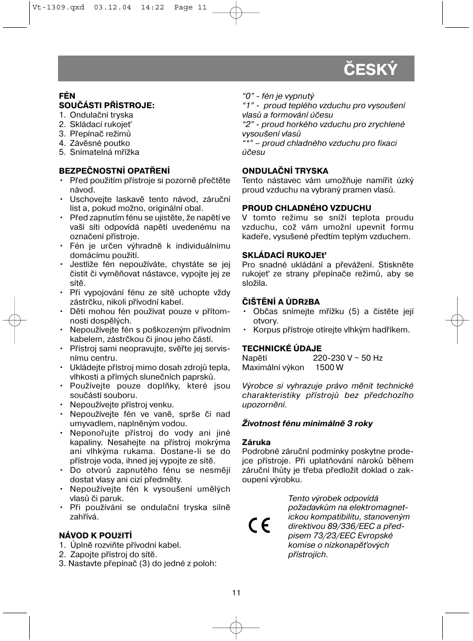 Èeský | Vitek VT-1309 User Manual | Page 13 / 16