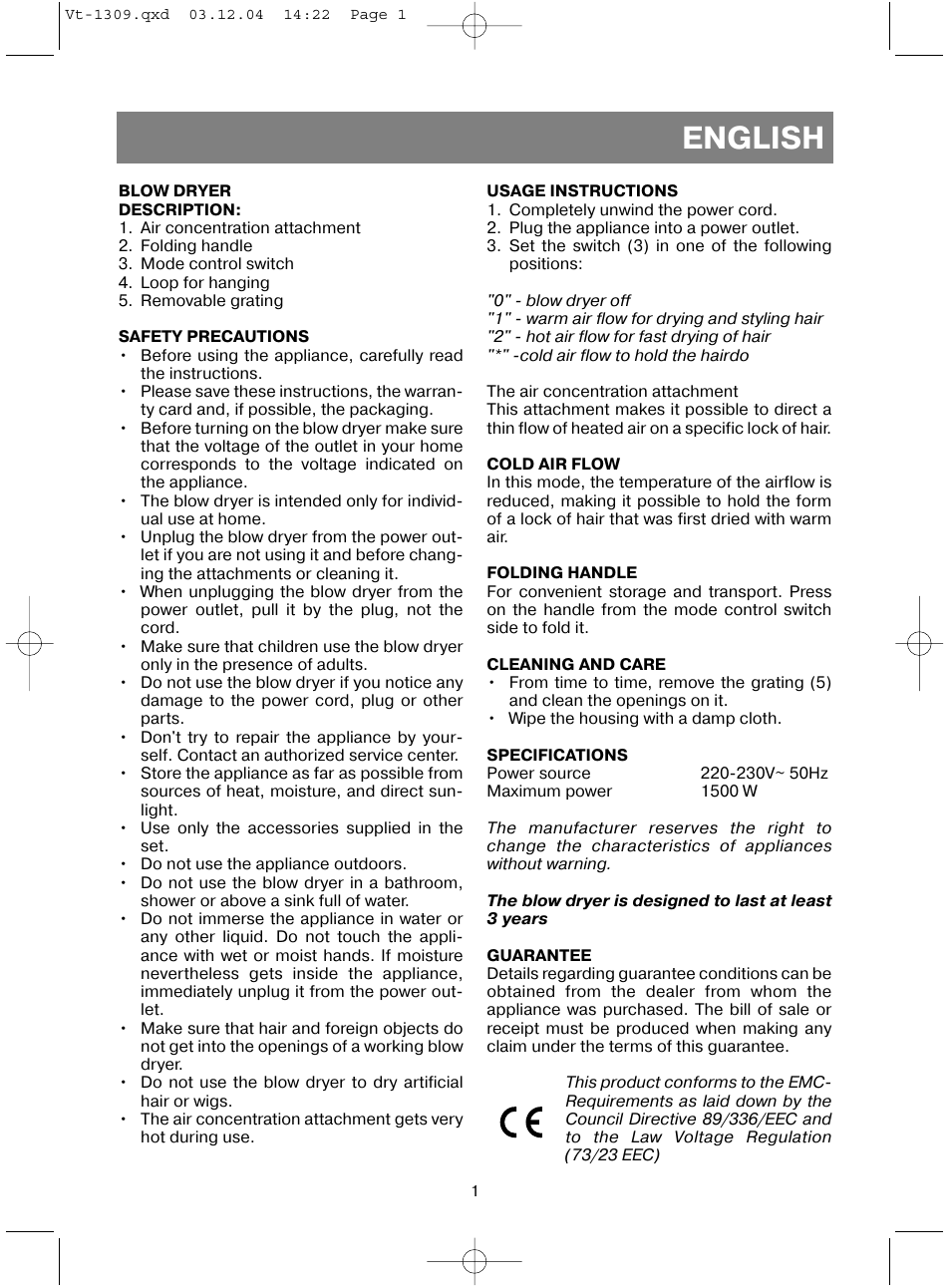 English | Vitek VT-1309 User Manual | Page 3 / 16