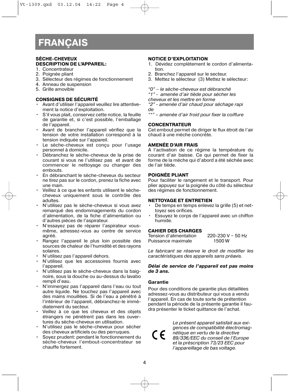 Français | Vitek VT-1309 User Manual | Page 6 / 16