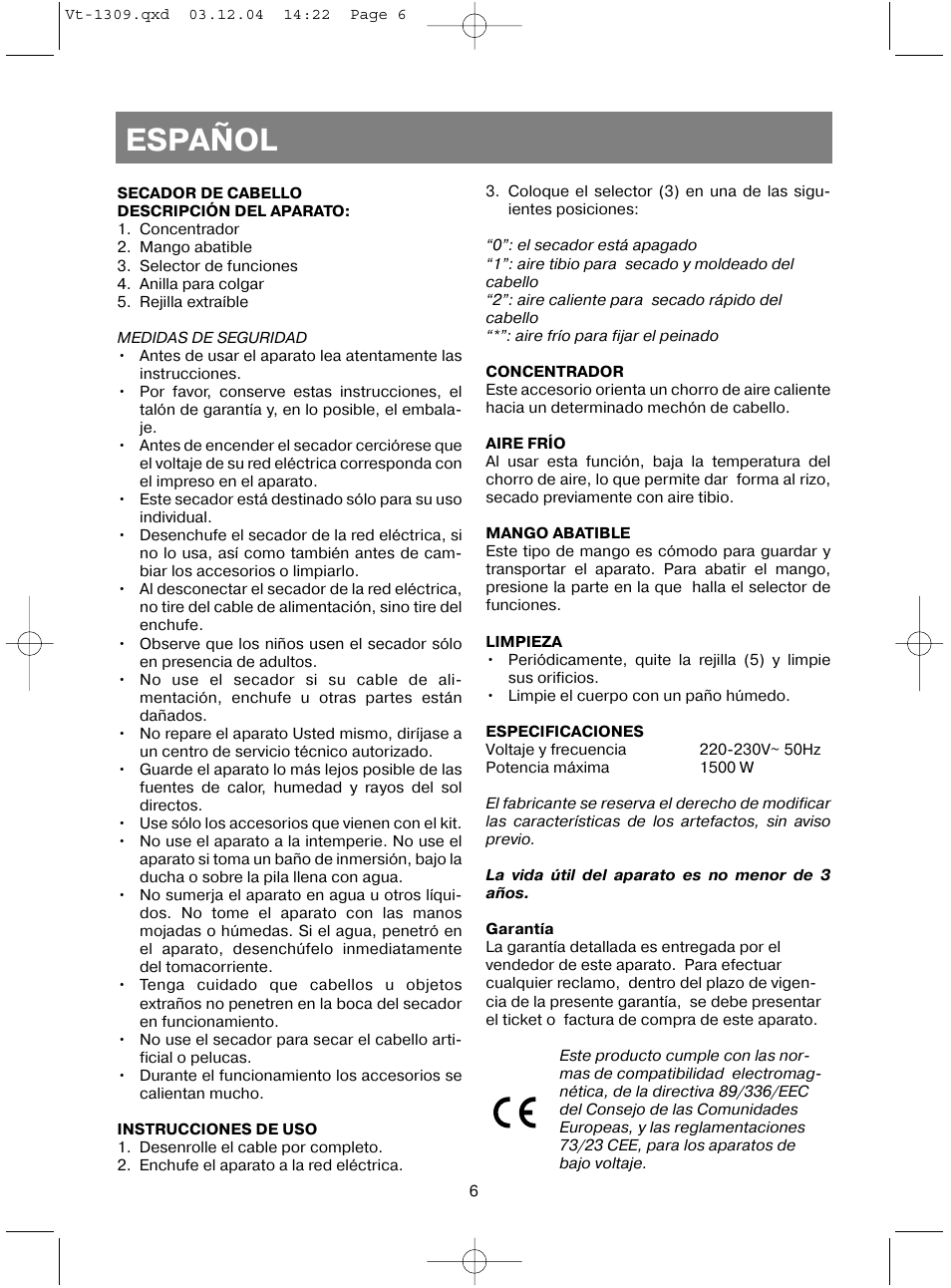 Español | Vitek VT-1309 User Manual | Page 8 / 16