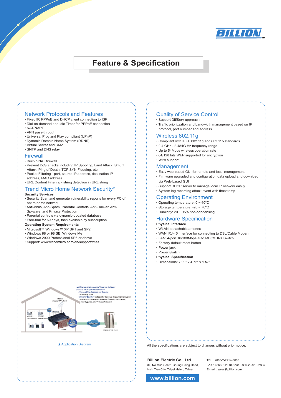 Feature & specification, Network protocols and features, Firewall | Trend micro home network security, Quality of service control, Management, Operating environment, Hardware specification | Billion Electric Company myguard 6700G User Manual | Page 2 / 2