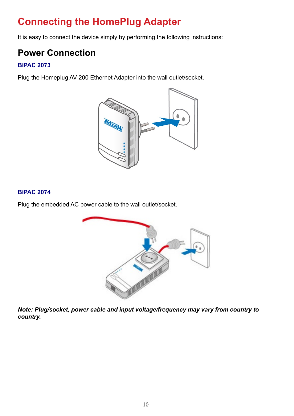 Connecting the homeplug adapter, Power connection | Billion Electric Company BIPAC 2073 User Manual | Page 14 / 48