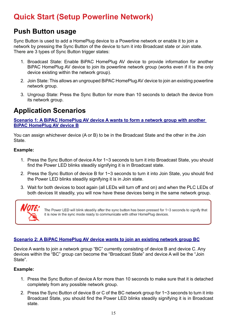 Quick start (setup powerline network), Push button usage application scenarios, Push button usage | Application scenarios | Billion Electric Company BIPAC 2073 User Manual | Page 19 / 48