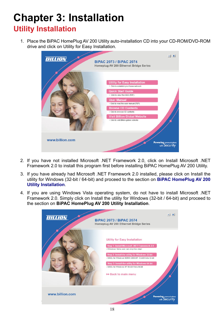 Chapter 3: installation, Utility installation | Billion Electric Company BIPAC 2073 User Manual | Page 22 / 48