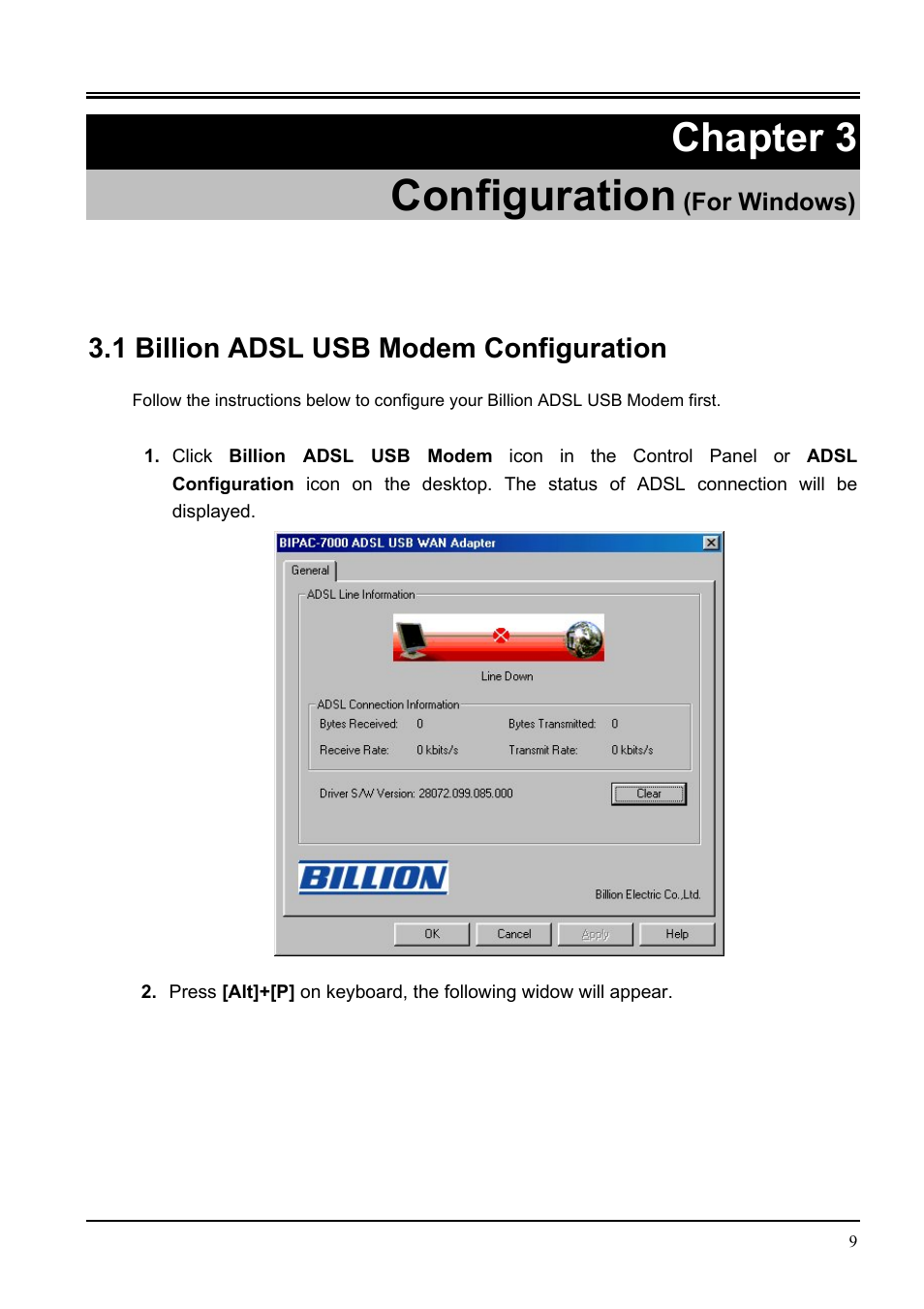 Configuration, Chapter 3, 1 billion adsl usb modem configuration | Billion Electric Company BIPAC 7000 User Manual | Page 13 / 31