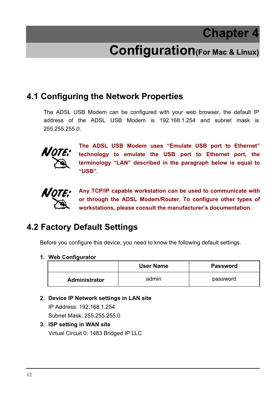 Configuration, Chapter 4, 1 configuring the network properties | 2 factory default settings | Billion Electric Company BIPAC 7000 User Manual | Page 16 / 31