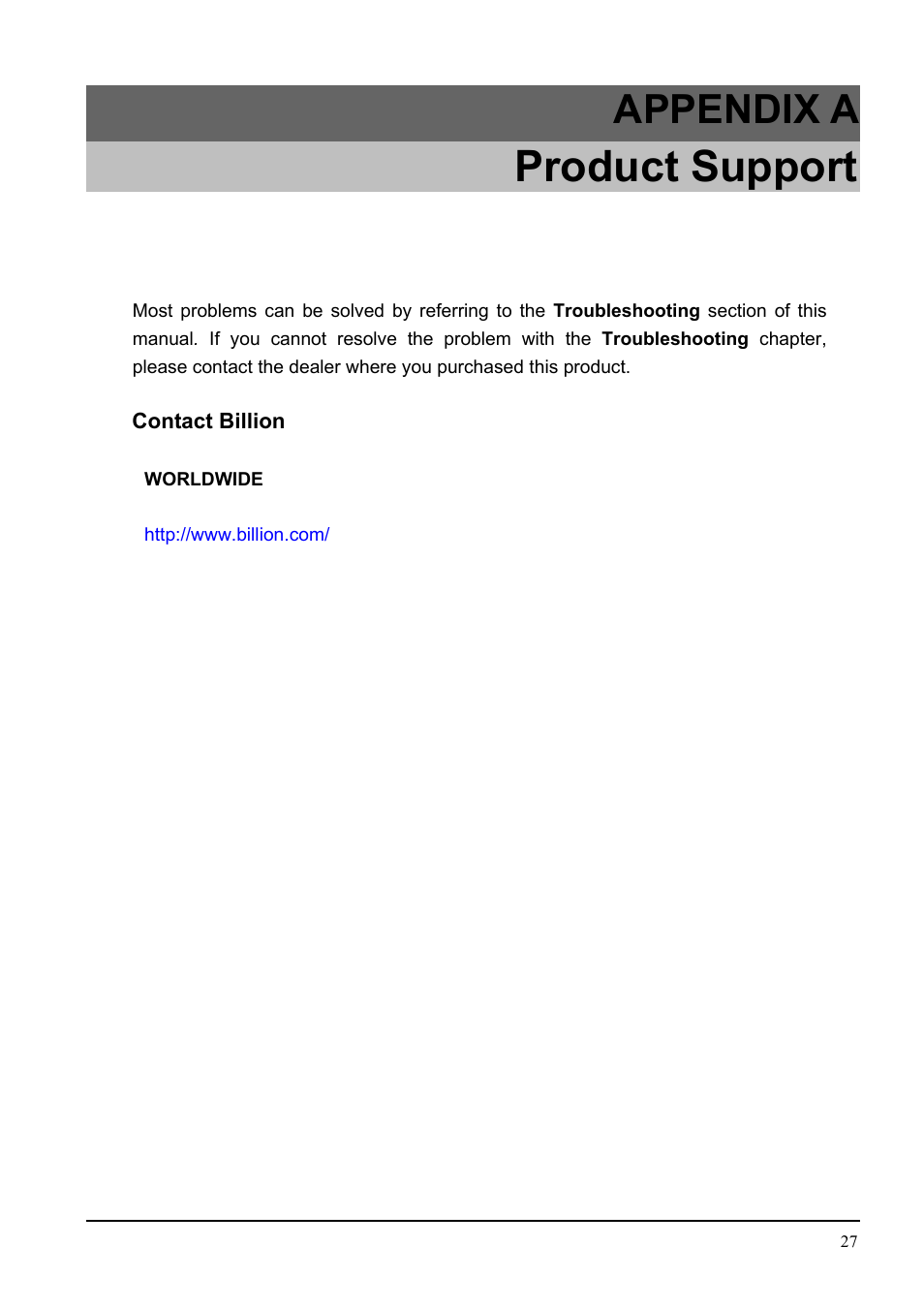 Product support, Appendix a | Billion Electric Company BIPAC 7000 User Manual | Page 31 / 31