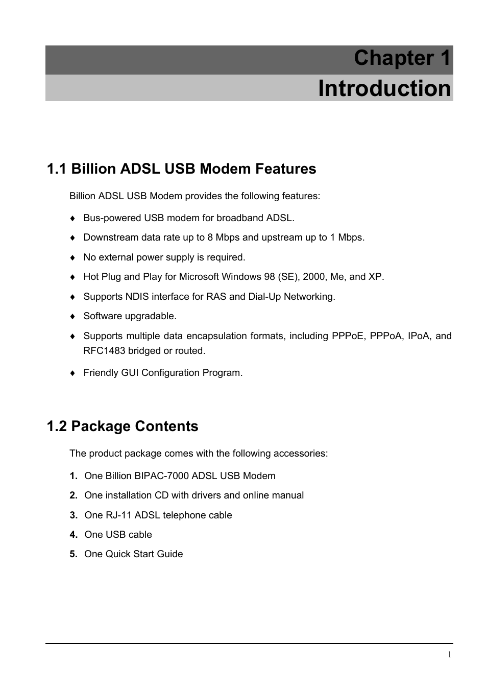 Introduction, Chapter 1, 1 billion adsl usb modem features | 2 package contents | Billion Electric Company BIPAC 7000 User Manual | Page 5 / 31