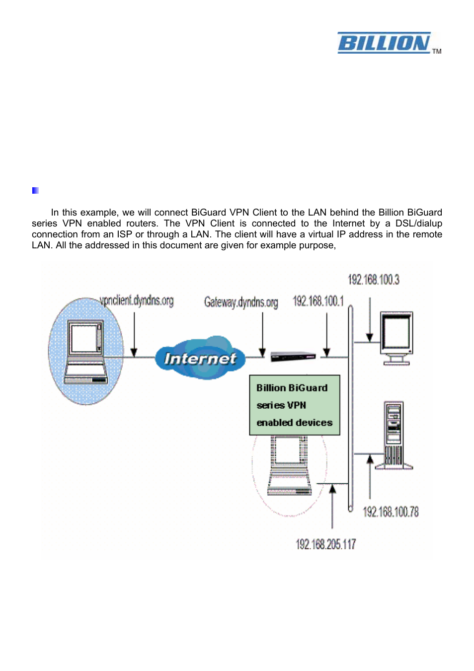 Network topology | Billion Electric Company BiGuard VPN Client BiGuard Series User Manual | Page 2 / 18