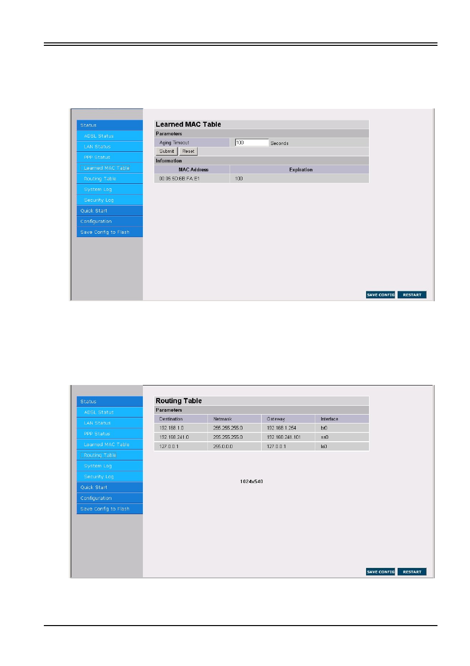 4 status- learned mac table, 5 routing table | Billion Electric Company BIPAC 7100S User Manual | Page 25 / 56