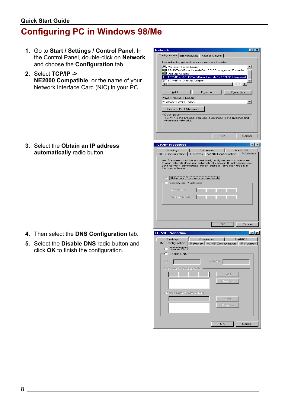 Configuring pc in windows 98/me | Billion Electric Company BiPAC 7202G User Manual | Page 10 / 13