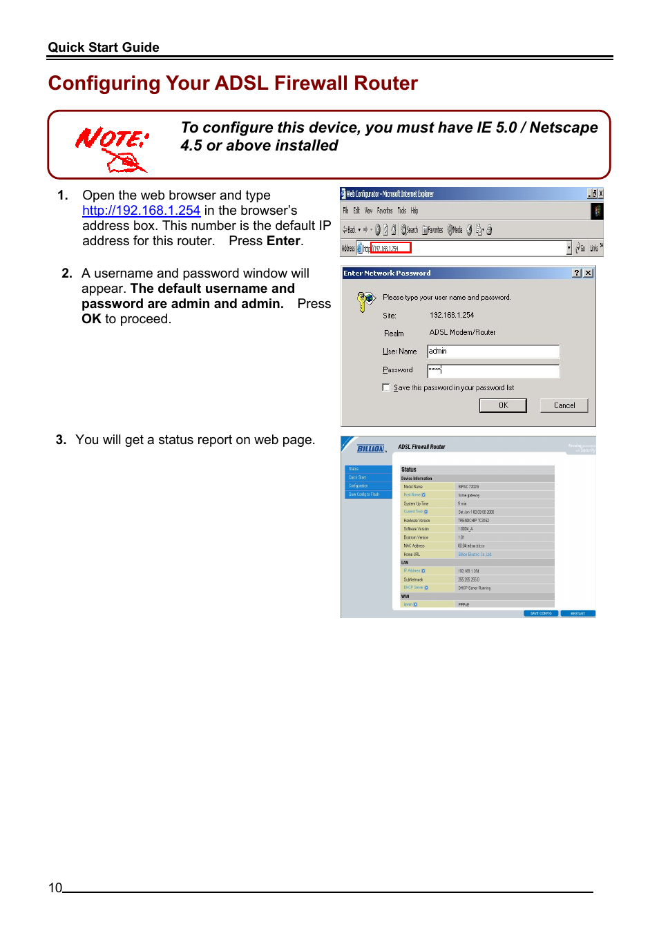 Configuring your adsl firewall router | Billion Electric Company BiPAC 7202G User Manual | Page 12 / 13