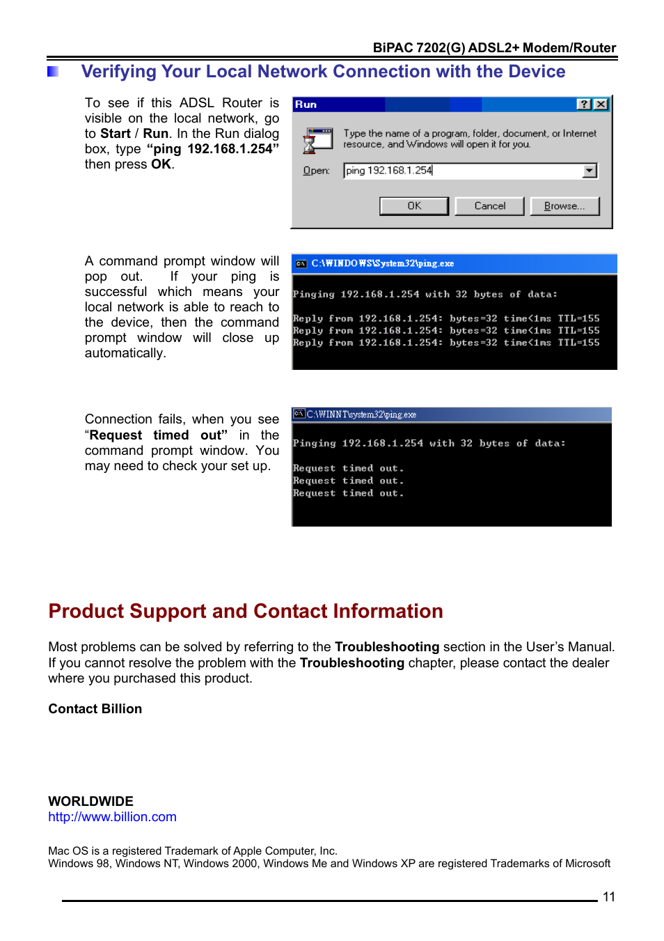 Product support and contact information | Billion Electric Company BiPAC 7202G User Manual | Page 13 / 13