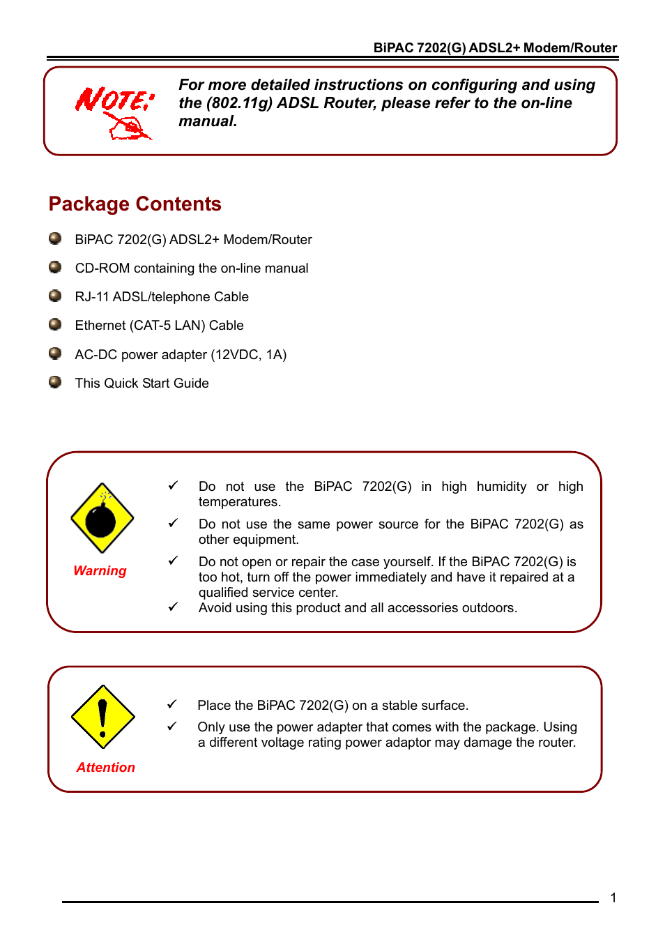 Package contents | Billion Electric Company BiPAC 7202G User Manual | Page 3 / 13