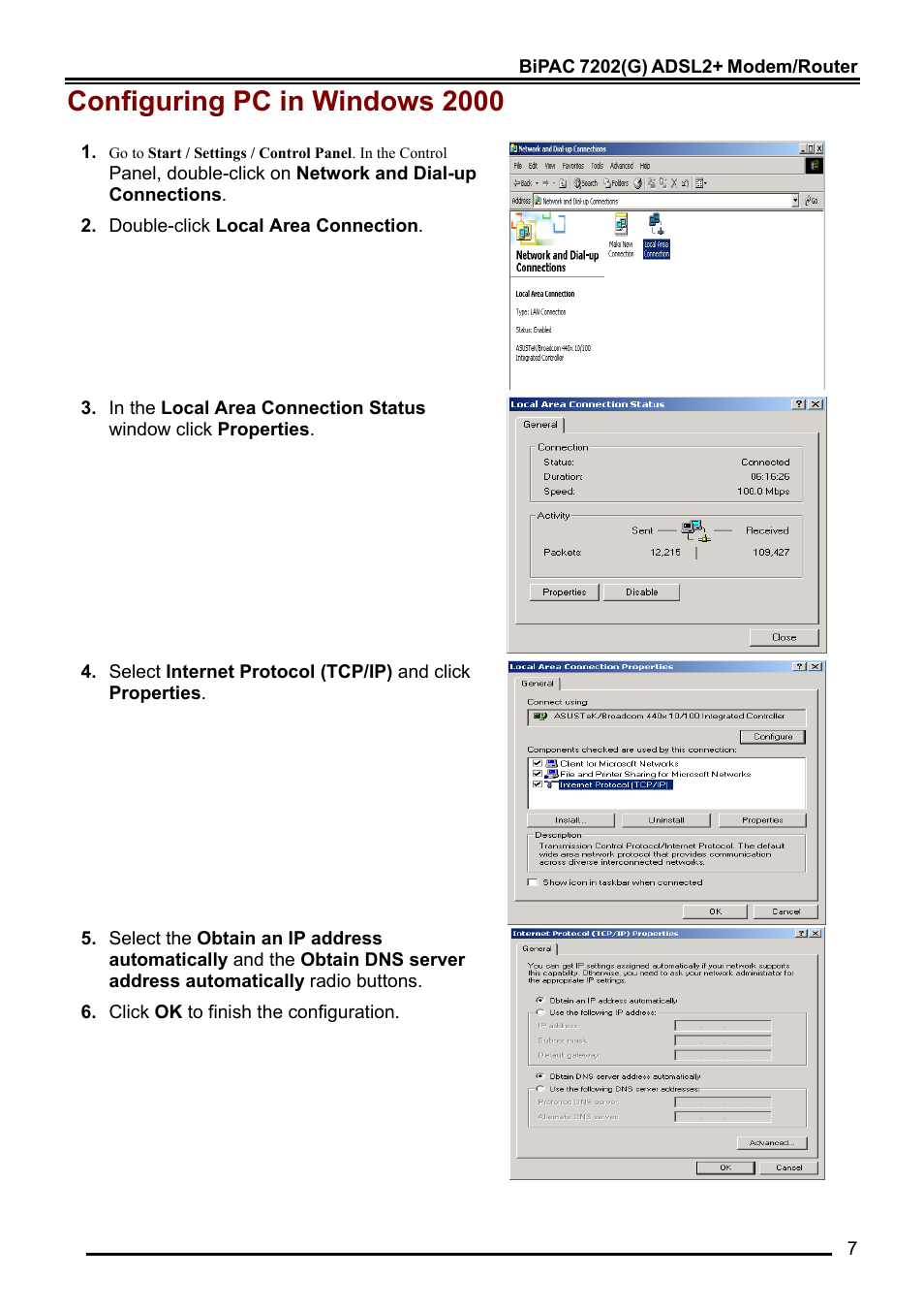 Configuring pc in windows 2000 | Billion Electric Company BiPAC 7202G User Manual | Page 9 / 13