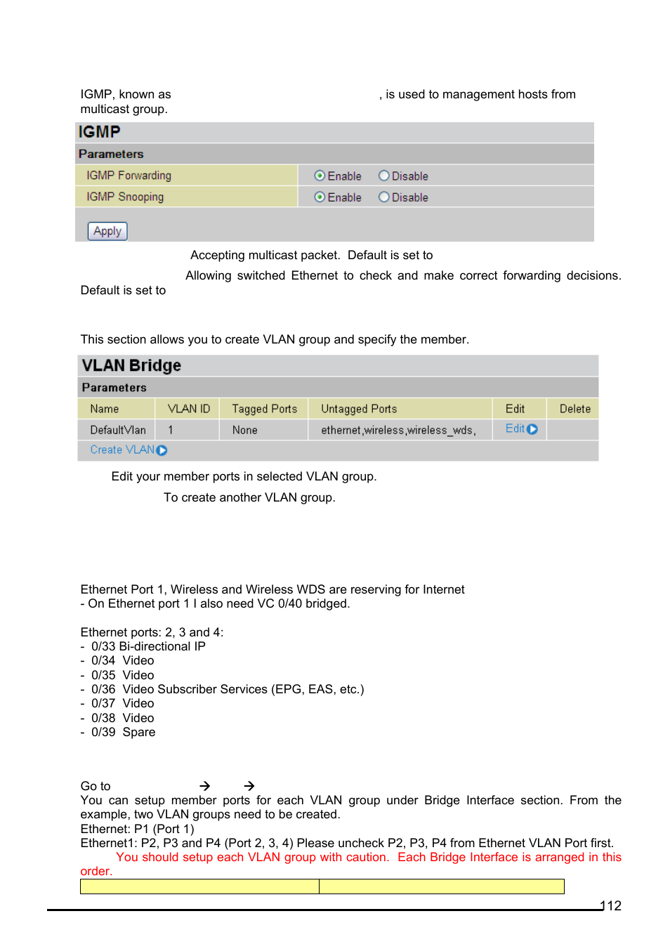 Igmp, Vlan bridge, Advanced vlan setup example (triply play) | Igmp vlan bridge | Billion Electric Company BiPAC 7402VL User Manual | Page 113 / 120