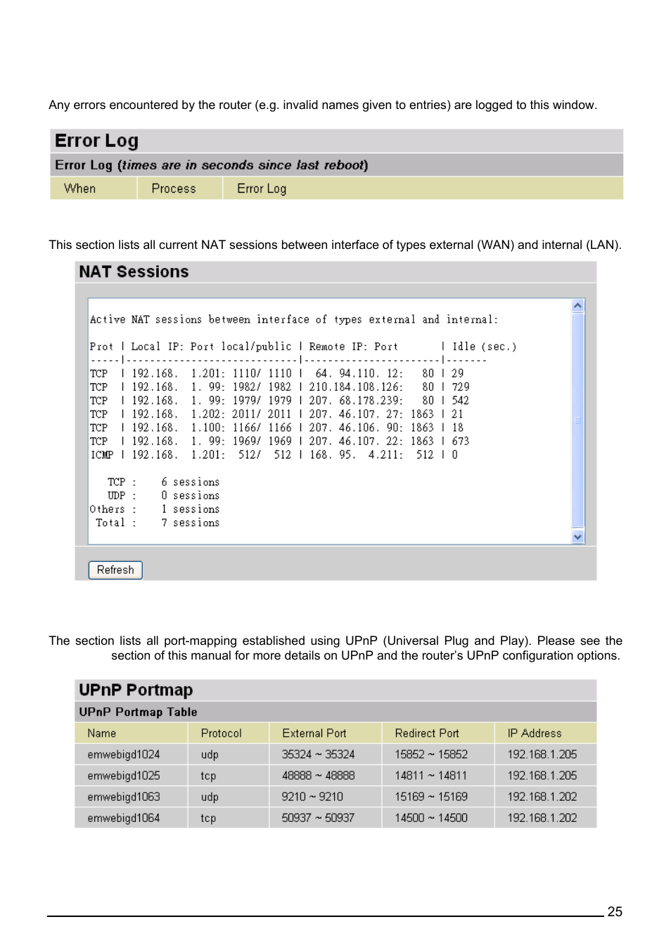 Error log, Nat sessions, Upnp portmap | Error log nat sessions upnp portmap | Billion Electric Company BiPAC 7402VL User Manual | Page 26 / 120