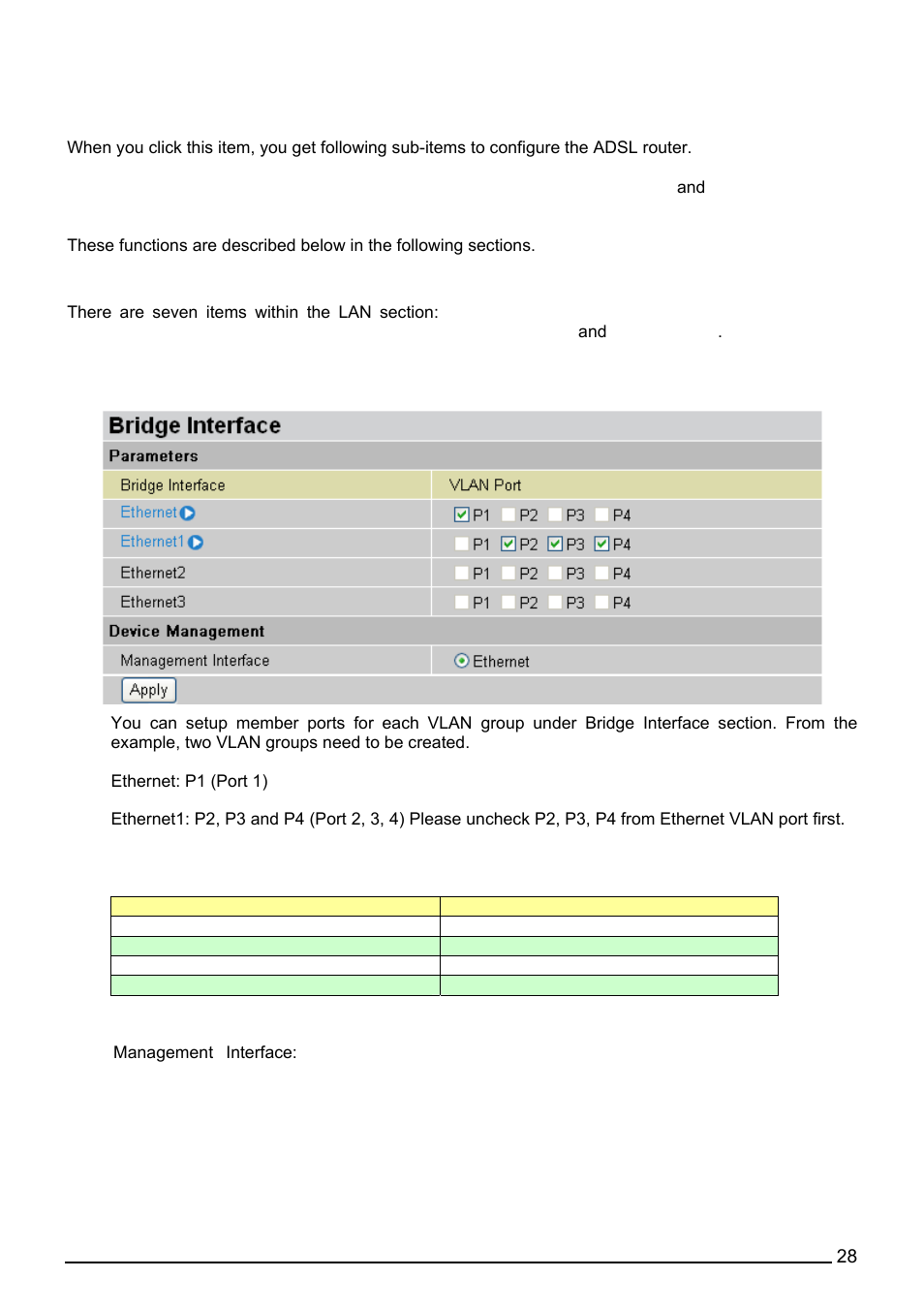 Configuration, Bridge interface, Onfiguration | Billion Electric Company BiPAC 7402VL User Manual | Page 29 / 120