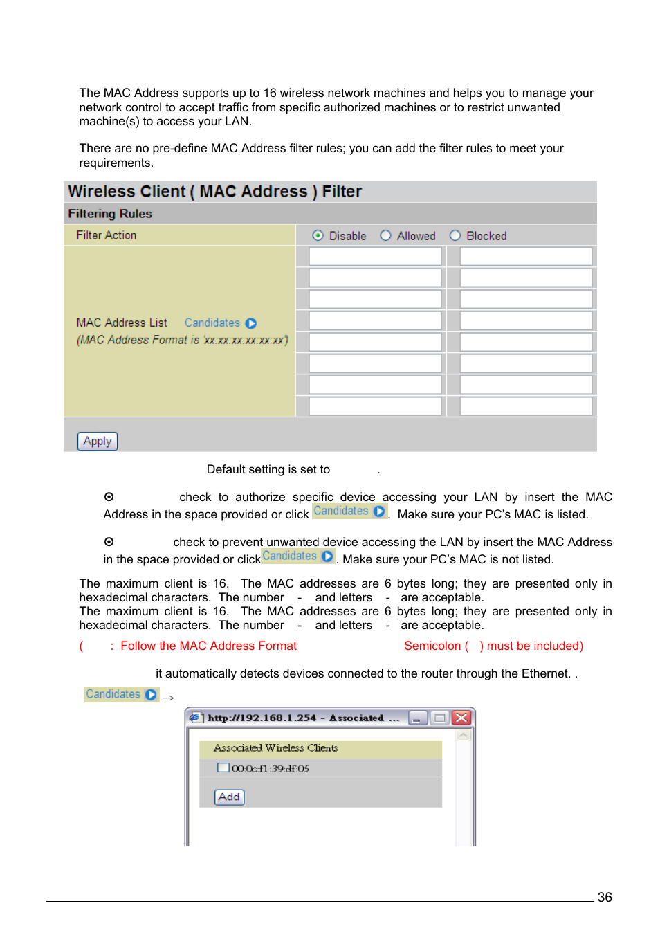 Wireless client (mac address) filter, Wireless router only) | Billion Electric Company BiPAC 7402VL User Manual | Page 37 / 120