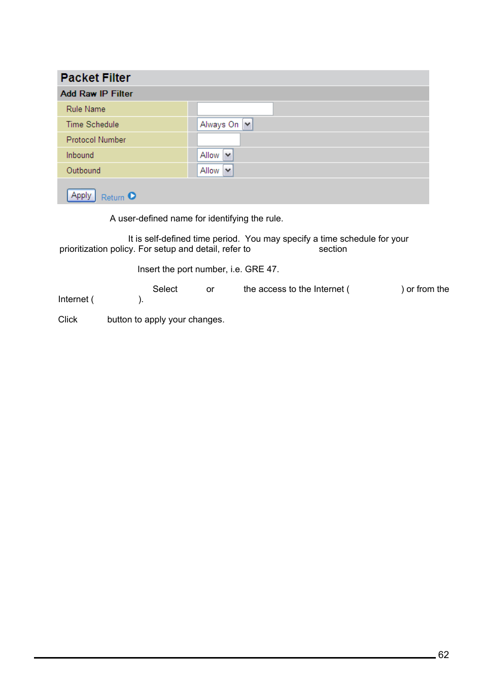 Packet filter – add raw ip filter | Billion Electric Company BiPAC 7402VL User Manual | Page 63 / 120