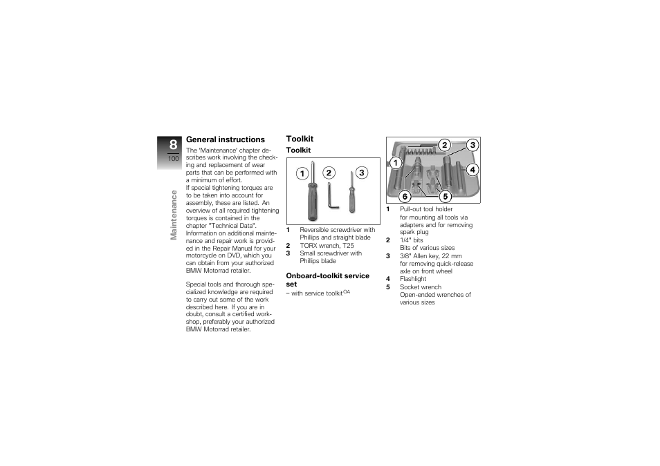 General instructions, Toolkit | BMW Motorrad K1300S User Manual | Page 104 / 170