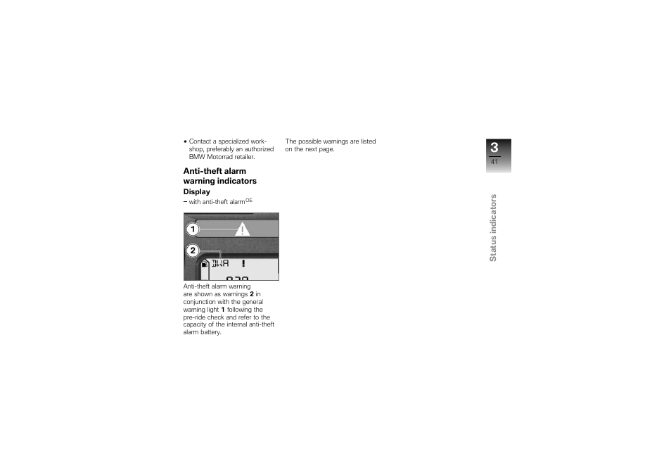 Anti-theft alarm warning indicators | BMW Motorrad K1300S User Manual | Page 45 / 170