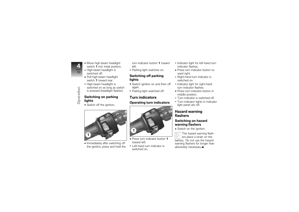 Turn indicators, Hazard warning flashers | BMW Motorrad K1300S User Manual | Page 60 / 170