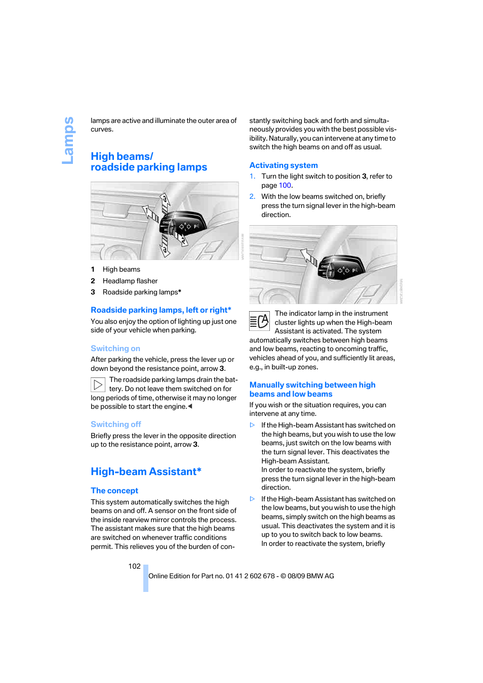 High beams/ roadside parking lamps, High-beam assistant, La mp s | BMW 528I XDRIVE User Manual | Page 104 / 271