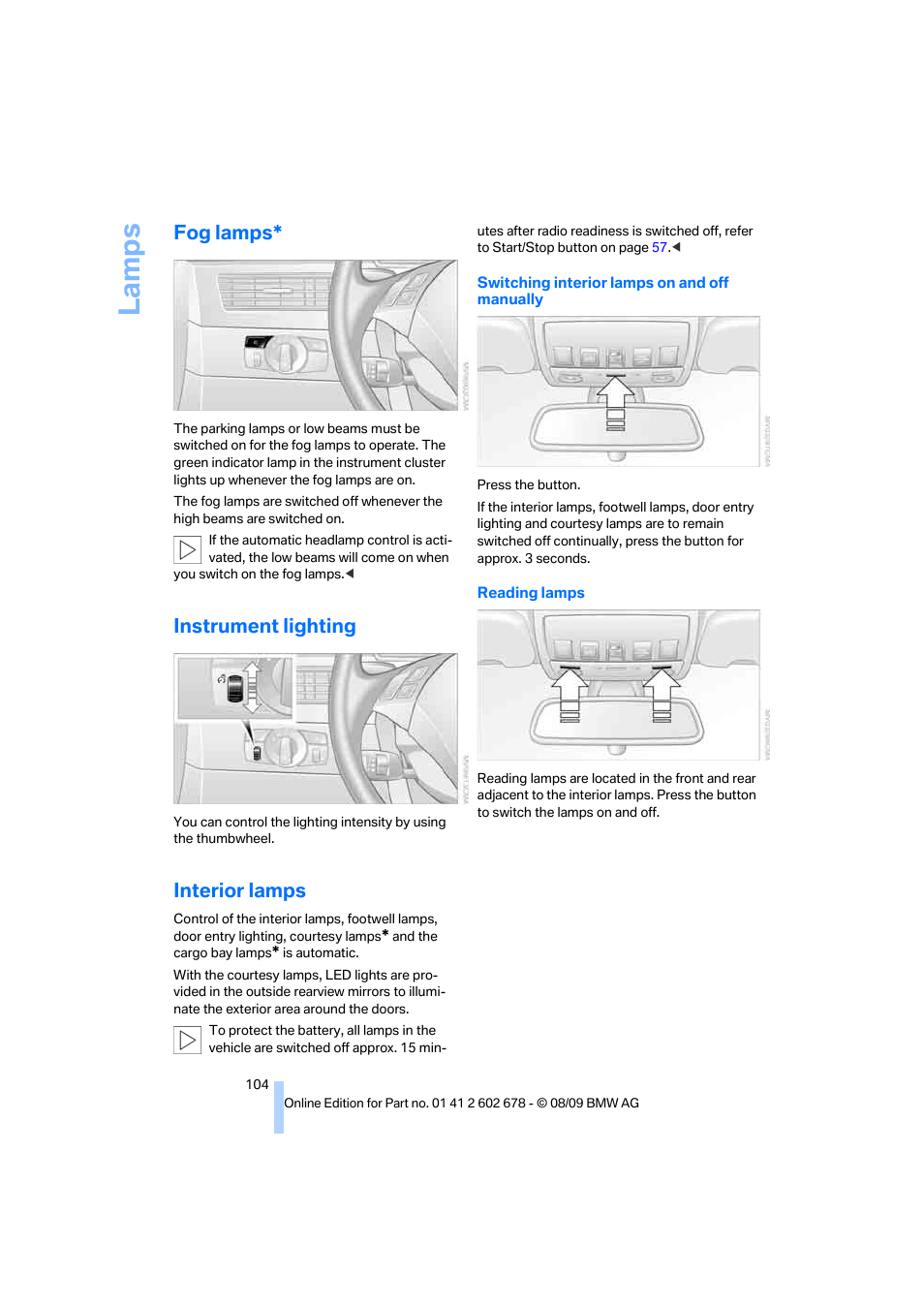 Fog lamps, Instrument lighting, Interior lamps | La mp s | BMW 528I XDRIVE User Manual | Page 106 / 271