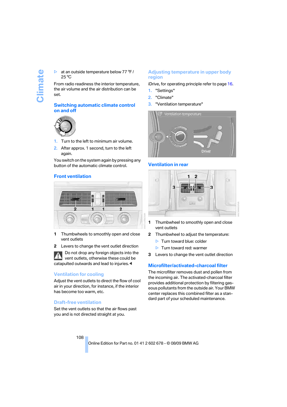 Front, Ventilation o, Climate | BMW 528I XDRIVE User Manual | Page 110 / 271