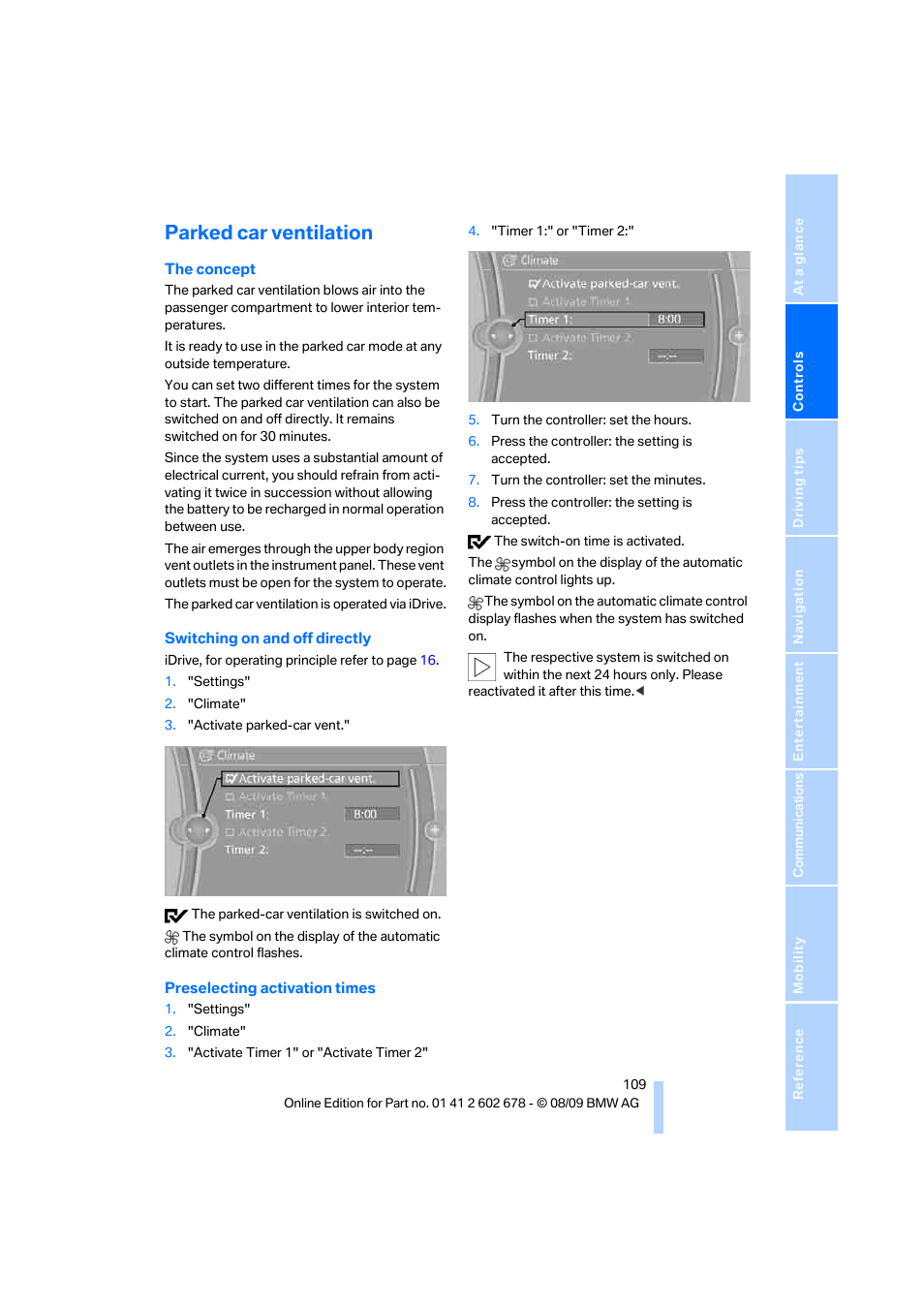 Parked car ventilation | BMW 528I XDRIVE User Manual | Page 111 / 271