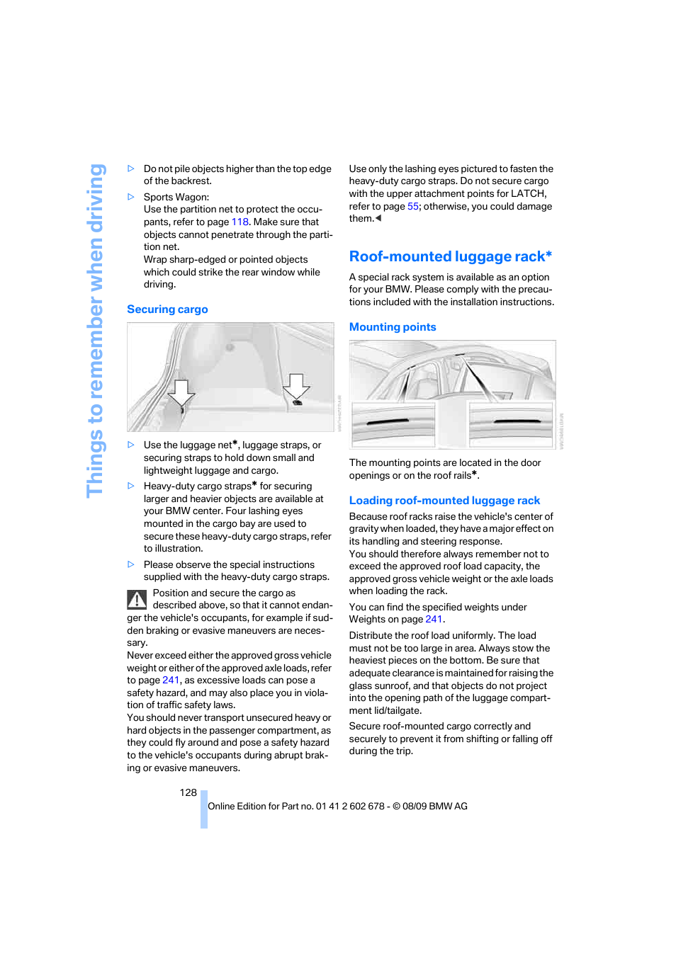 Roof-mounted luggage rack, Things to re memb er when driving | BMW 528I XDRIVE User Manual | Page 130 / 271