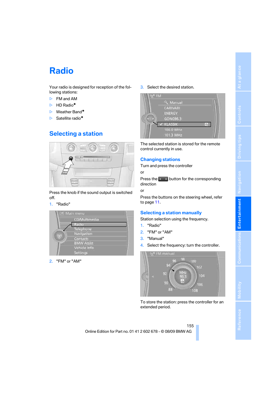 Radio, Selecting a station | BMW 528I XDRIVE User Manual | Page 157 / 271