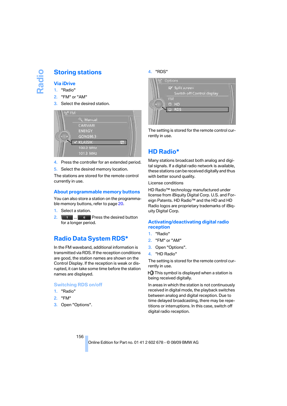 Storing stations, Radio data system rds, Hd radio | Ra di o | BMW 528I XDRIVE User Manual | Page 158 / 271