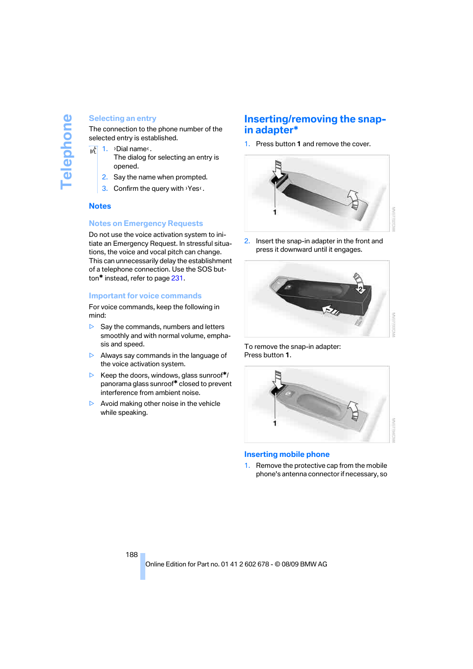 Inserting/removing the snap- in adapter, Telephone | BMW 528I XDRIVE User Manual | Page 190 / 271