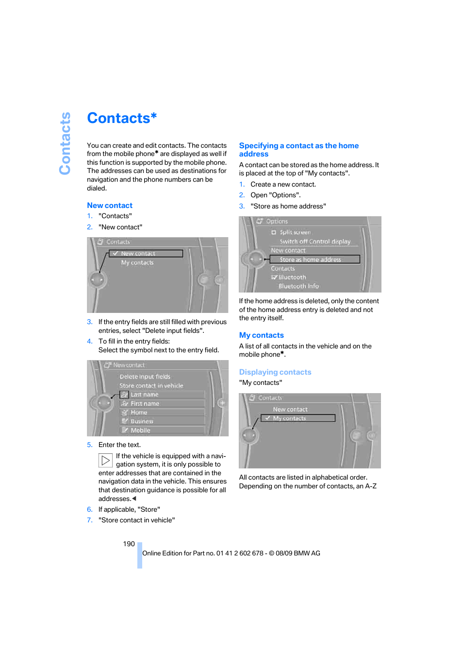 Contacts | BMW 528I XDRIVE User Manual | Page 192 / 271