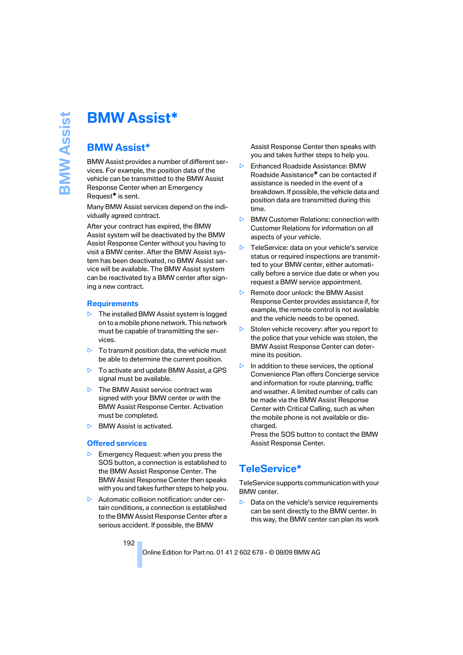 Bmw assist, Teleservice, Bmw assis t | BMW 528I XDRIVE User Manual | Page 194 / 271